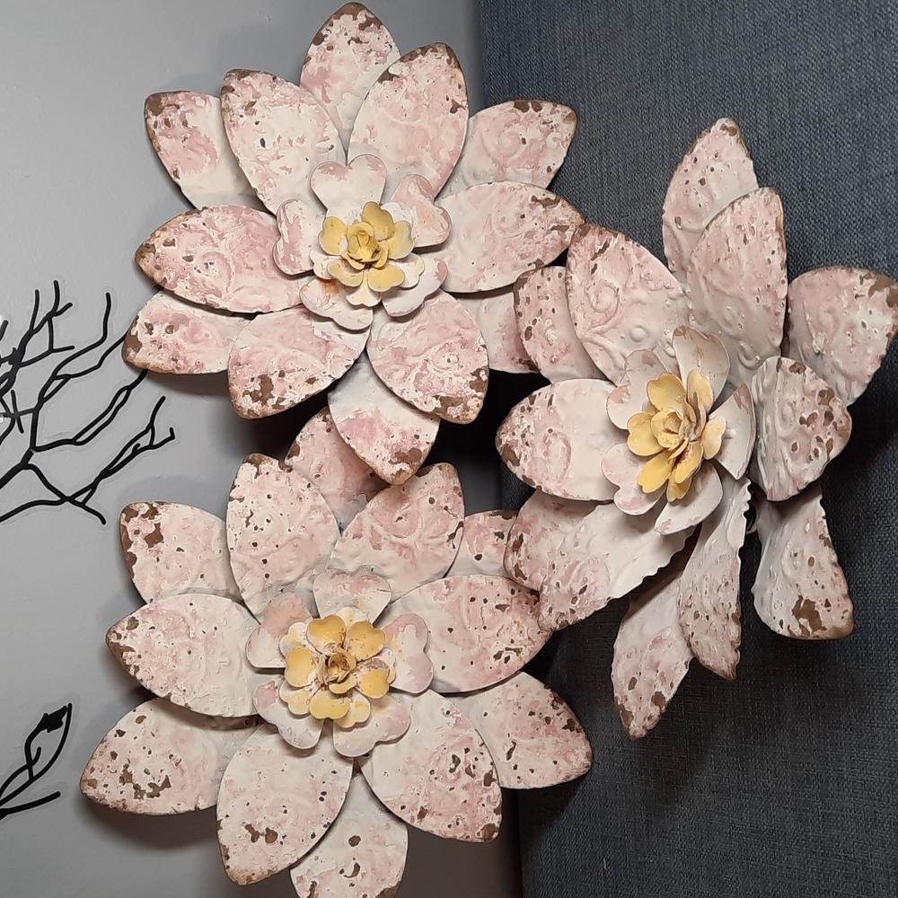 Pink Flower Metal Wall Art Home Décor Hanging Urban Farm Rustic Garden 3pcs NWT